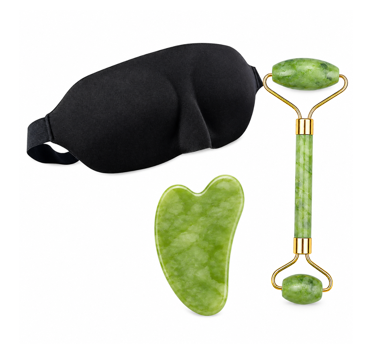 KIT BIENESTAR FACIAL (RODILLO JADE + PIEDRA GUA SHA + ANTIFAZ PARA DORMIR