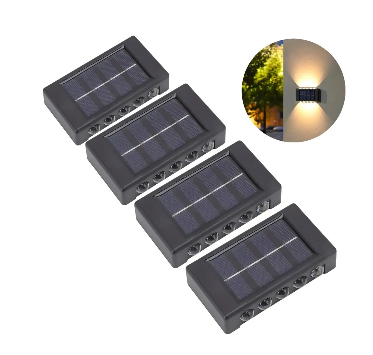 PACK DE 4 APLIQUES SOLARES PARA EXTERIOR DE MURO CON LUZ CÁLIDA