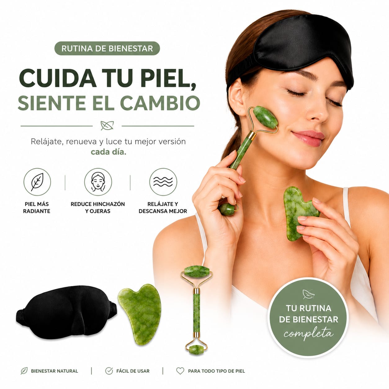 KIT BIENESTAR FACIAL (RODILLO JADE + PIEDRA GUA SHA + ANTIFAZ PARA DORMIR