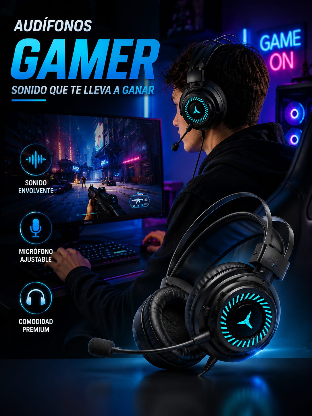 AURICULARES GAMER 3.5 MM CON MICRÓFONO Y LUCES LED RGB- NEGRO