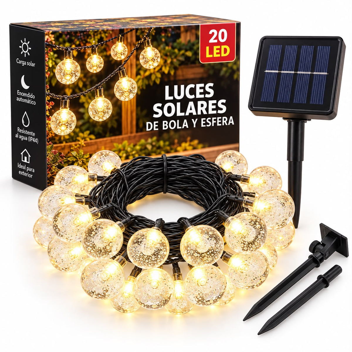 GUIRNALDA SOLAR LED LUZ CÁLIDA 4,5 METROS 20 BOLAS DECORATIVAS PARA EXTERIOR Y NAVIDAD