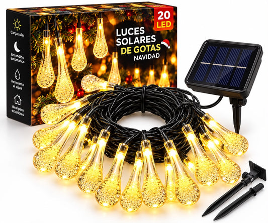 GUIRNALDA SOLAR LED 30 GOTAS LUZ CÁLIDA AMARILLA 6,5 METROS IP65 PARA EXTERIOR