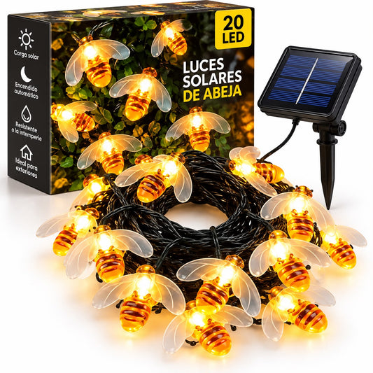 GUIRNALDA SOLAR DE ABEJAS LED CON 30 LUCES CÁLIDAS - 5 METROS PARA EXTERIOR