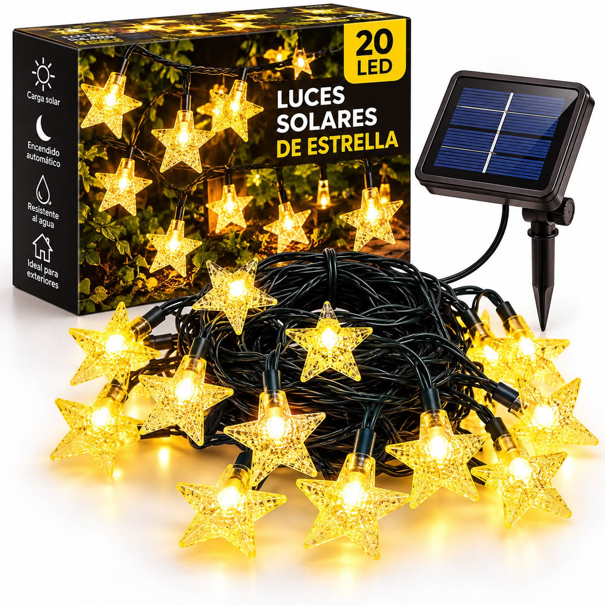 GUIRNALDA SOLAR 20 LUCES LED ESTRELLAS AMARILLAS 6 METROS PARA EXTERIOR