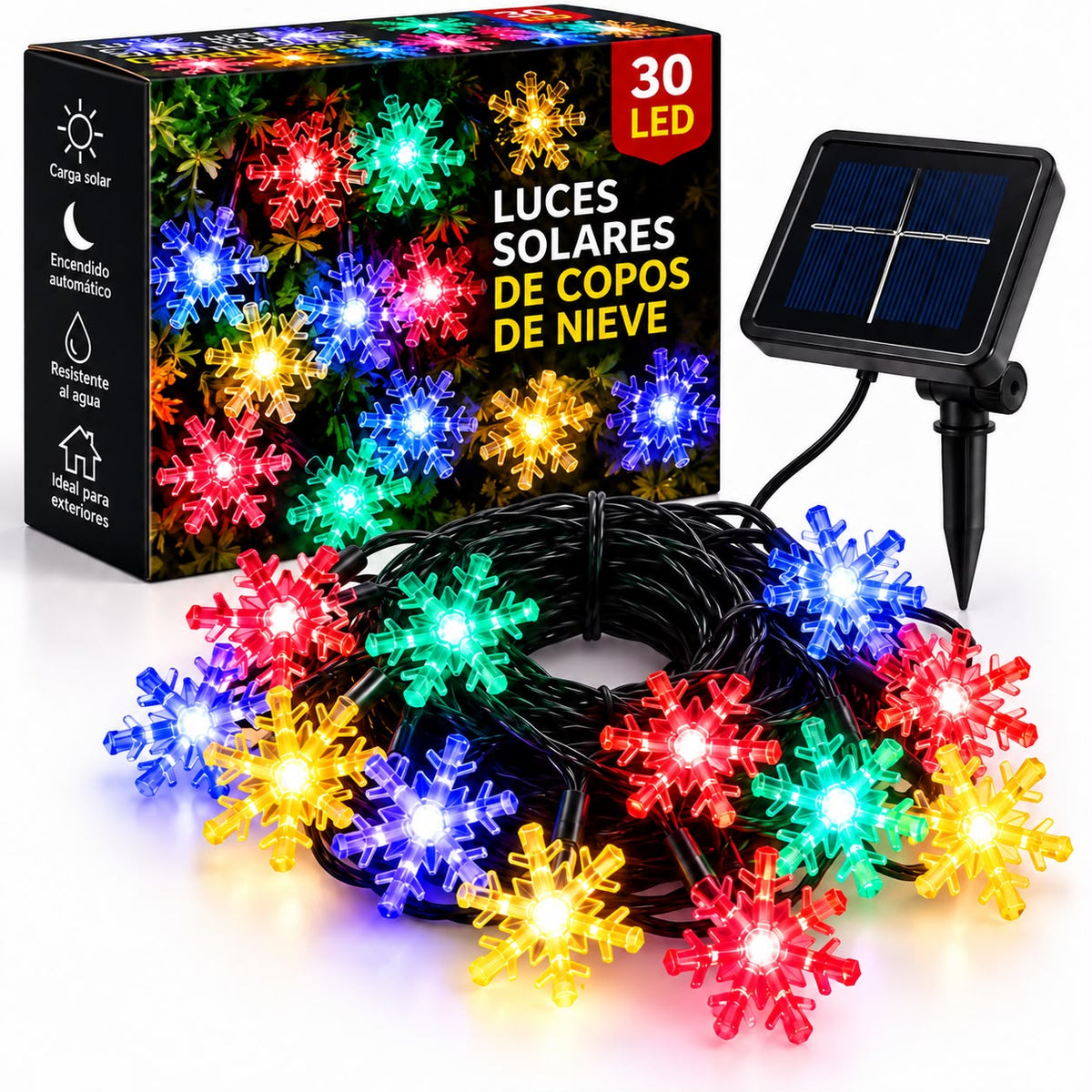 GUIRNALDA SOLAR LED 6.5 COPO DE NIEVE MULTICOLOR EXTERIOR IP65- 30 LUCES