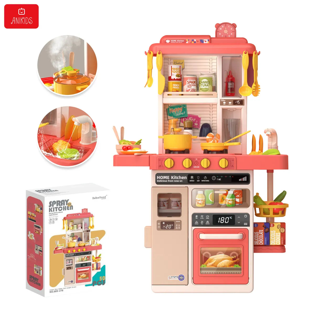COCINA DE JUGUETE GRANDE 50 PIEZAS SPRAY KITCHEN 78 CM ROSADO