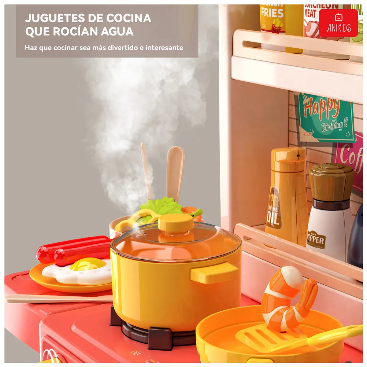 COCINA DE JUGUETE GRANDE 50 PIEZAS SPRAY KITCHEN 78 CM ROSADO