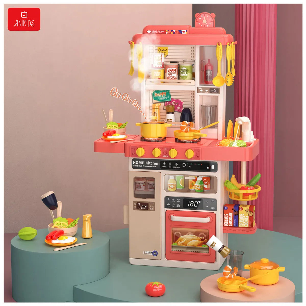 COCINA DE JUGUETE GRANDE 50 PIEZAS SPRAY KITCHEN 78 CM ROSADO