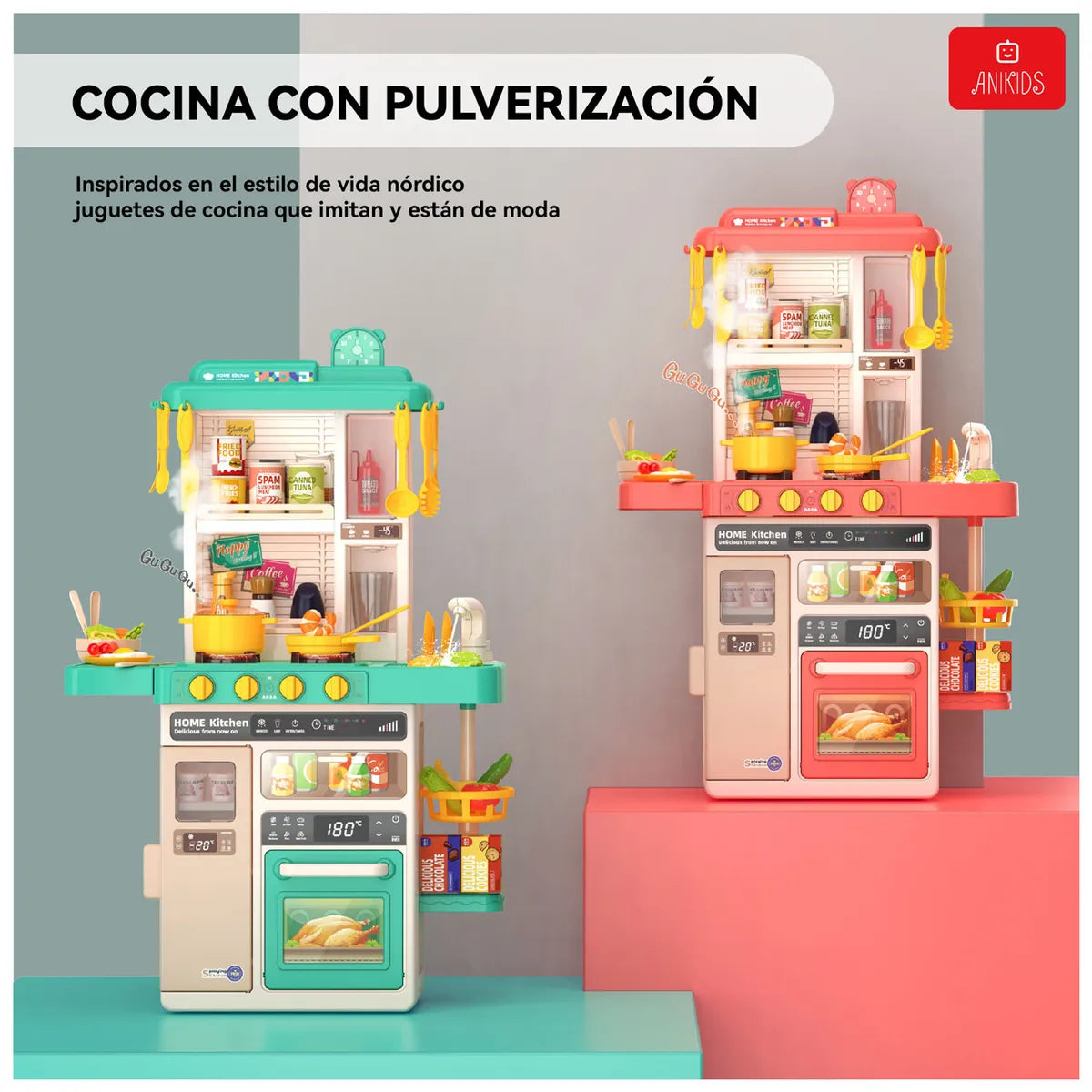 COCINA DE JUGUETE GRANDE 50 PIEZAS SPRAY KITCHEN 78 CM ROSADO