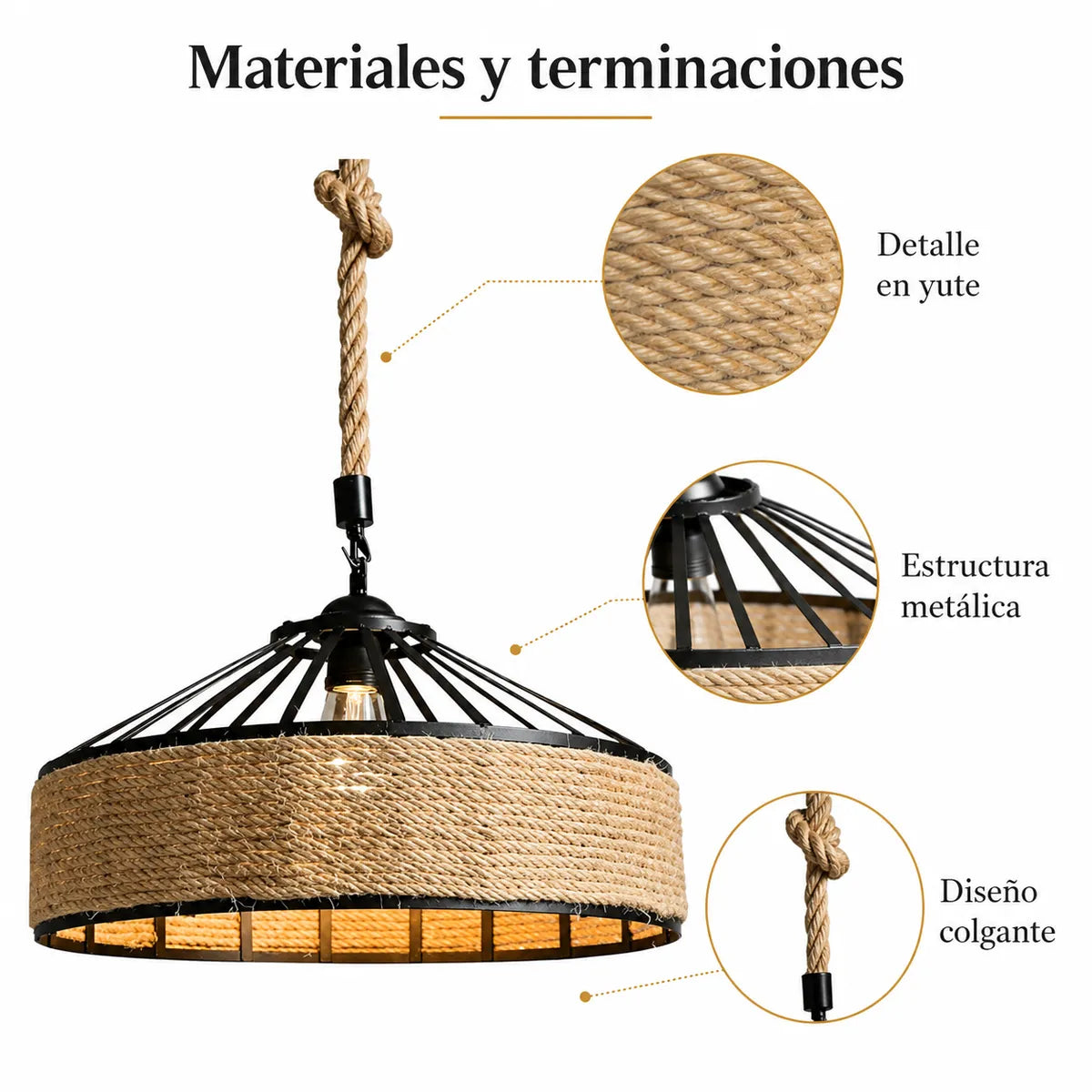 LÁMPARA COLGANTE CON CUERDA DE CÁÑAMO DE 40 CM RÚSTICA