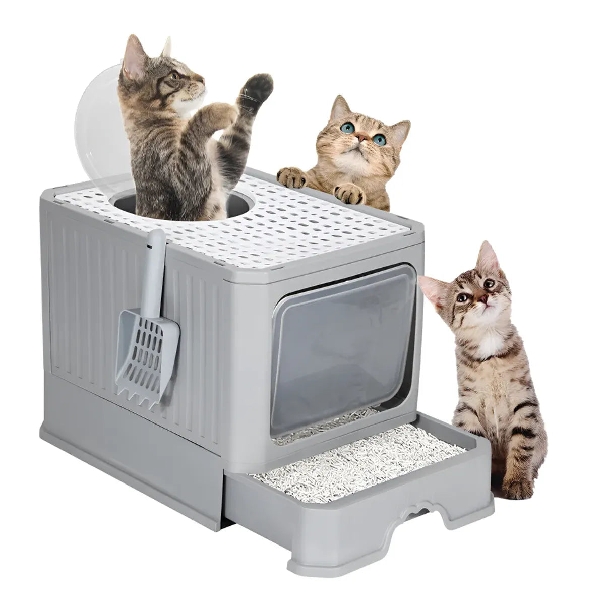 ARENERO CERRADO PARA GATO CON TAPA Y PALA GRANDE COLOR GRIS