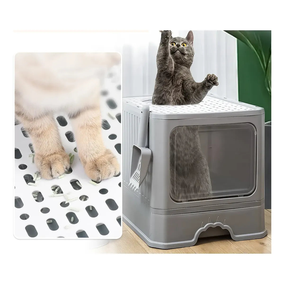 ARENERO CERRADO PARA GATO CON TAPA Y PALA GRANDE COLOR GRIS