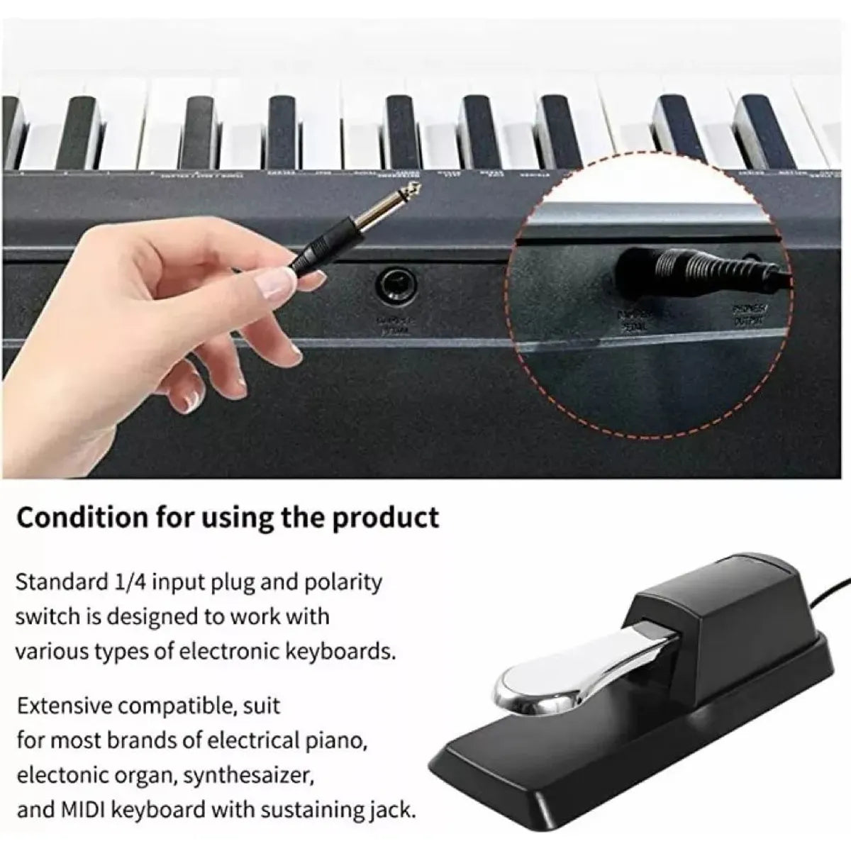 PEDAL SUSTAIN UNIVERSAL PARA TECLADO Y PIANO CON CONTROL DE POLARIDAD